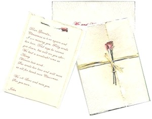Send a Hand Made Letter Card. The card and matching envelope are made using thick handmade cotton paper created from the recycled products from the cotton industry. The rough edge gives the card a very natural, aged look to it.